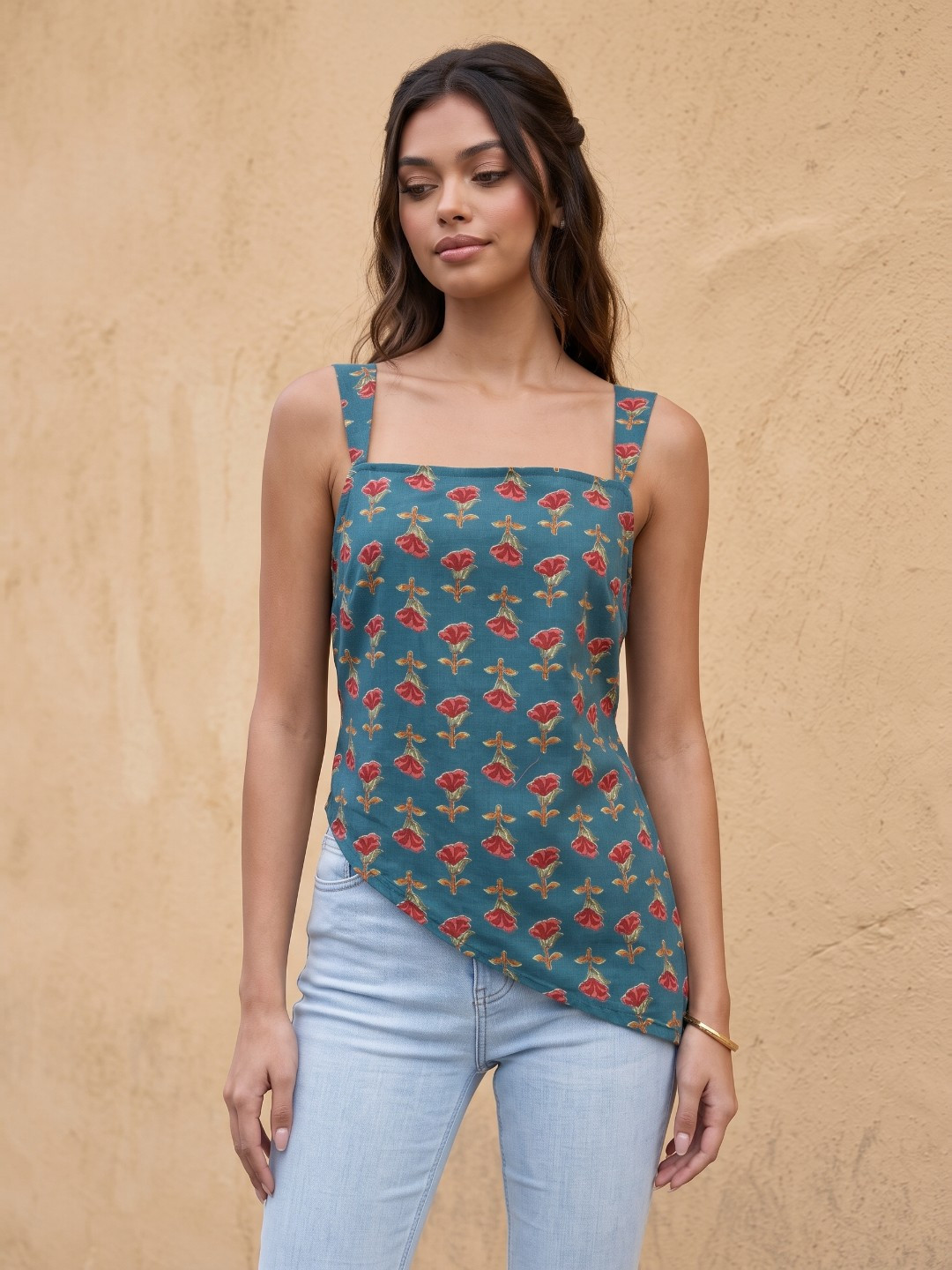 fusion by glitchez Floral Printed Asymmetric Hem Fitted Top with Tie-Ups