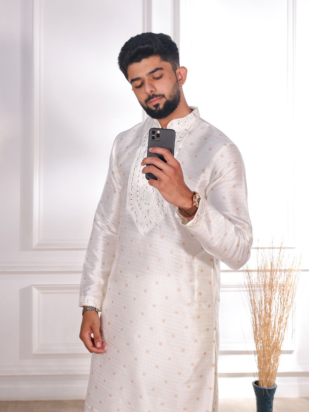 Koshin Floral Woven Design Long Sleeves Regular Mirror Work Jacquard Art Silk Kurta