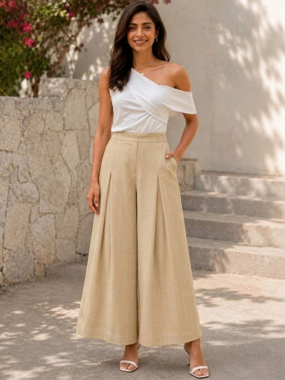 Athena Women Smart Flared High-Rise Easy Wash Pleated Trousers