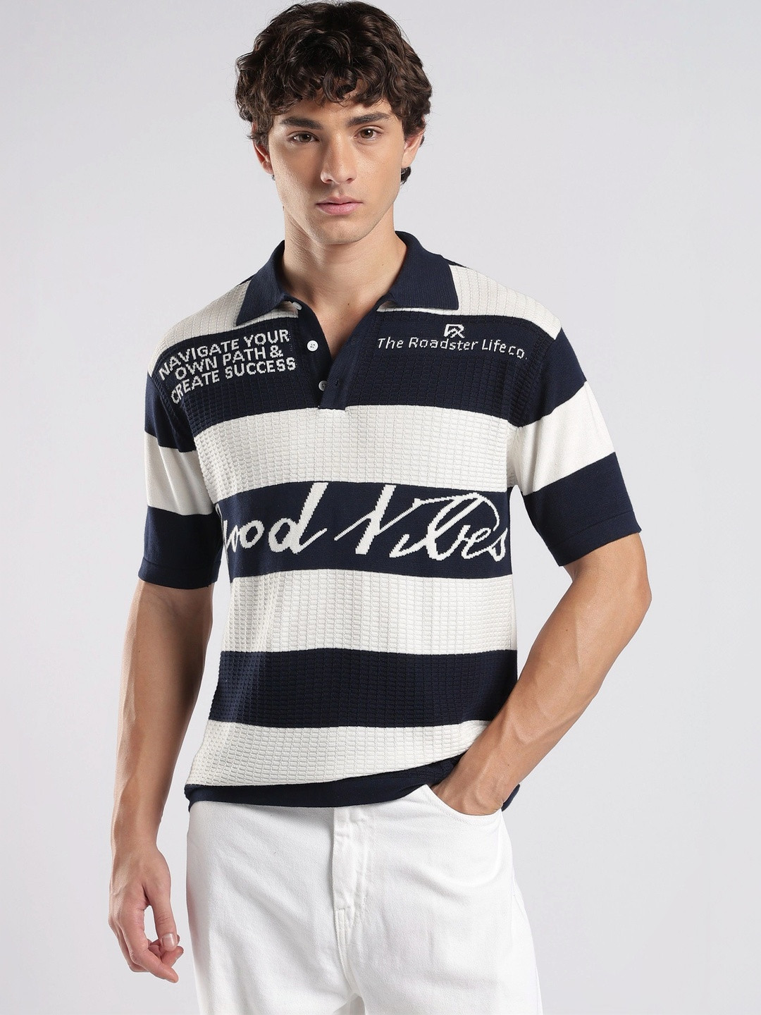 The Roadster Lifestyle Co Striped Typography Cotton Polo Collar T-shirt