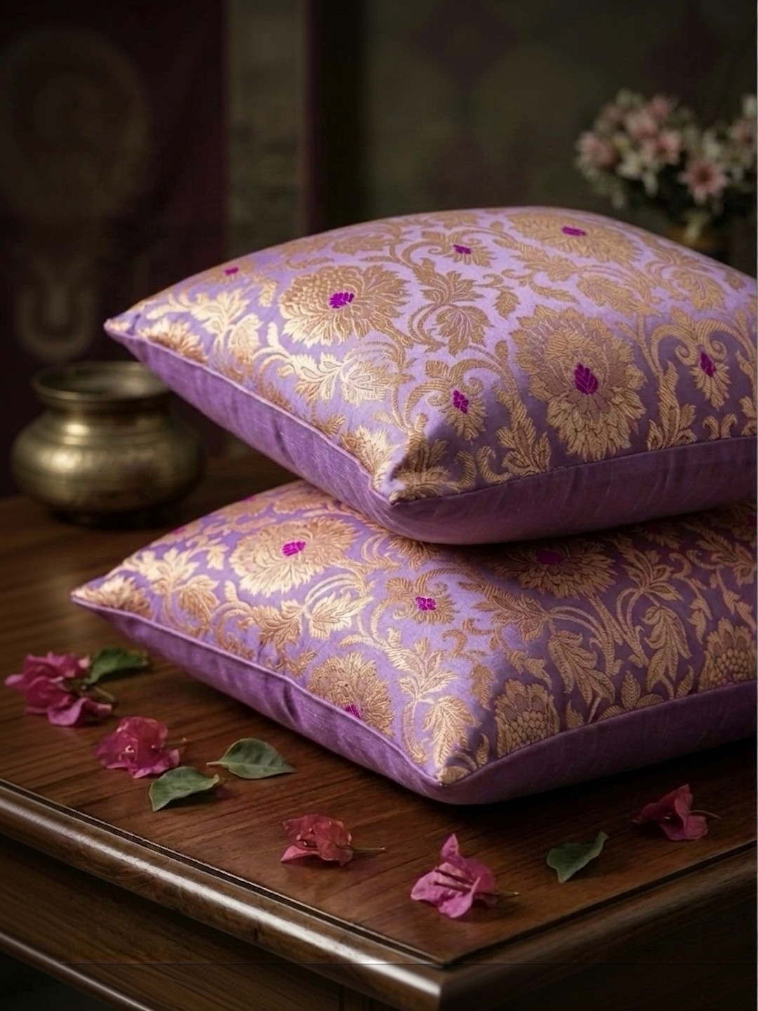 RoyalDeco Lavender 2 Pieces Ethnic Motifs Zari Brocade Silk Square Cushion Covers