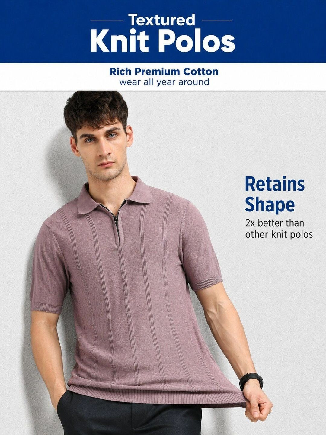 MOHICANS Men Self Design Polo Collar Pure Cotton Zipper Tshirt