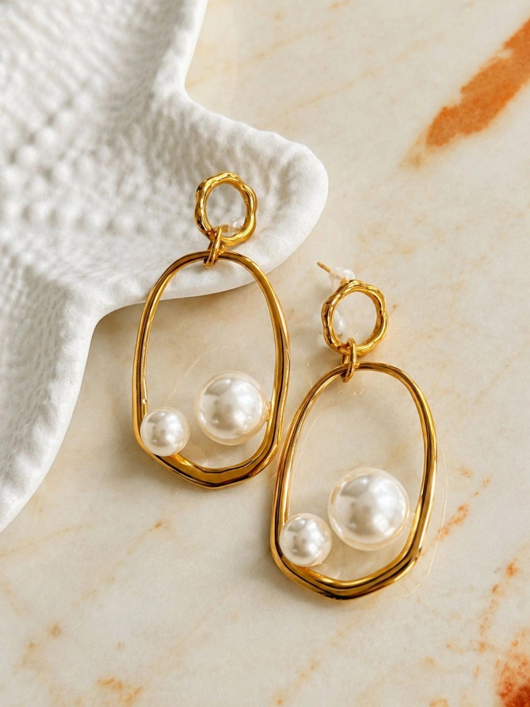 DIVING SWAN Women 18K Thick Gold Plated Niva Pearl Orbit Drop Earrings