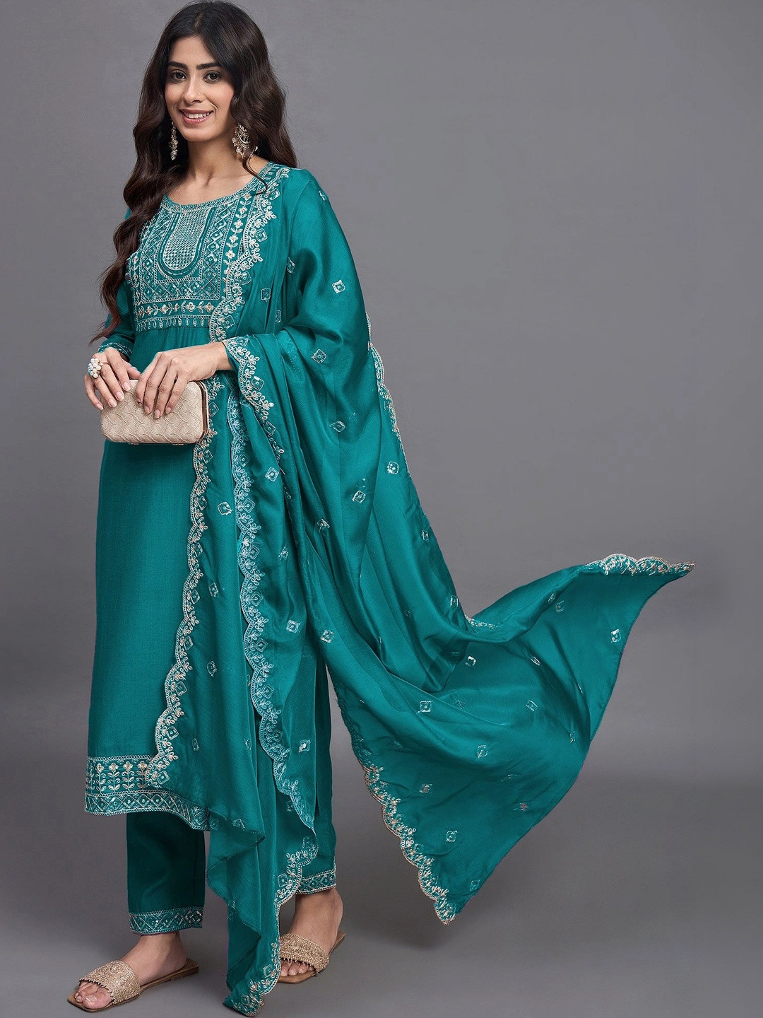 Fashionior Women Ethnic Motifs Embroidered Regular Sequinned Kurta with Trousers & With Dupatta