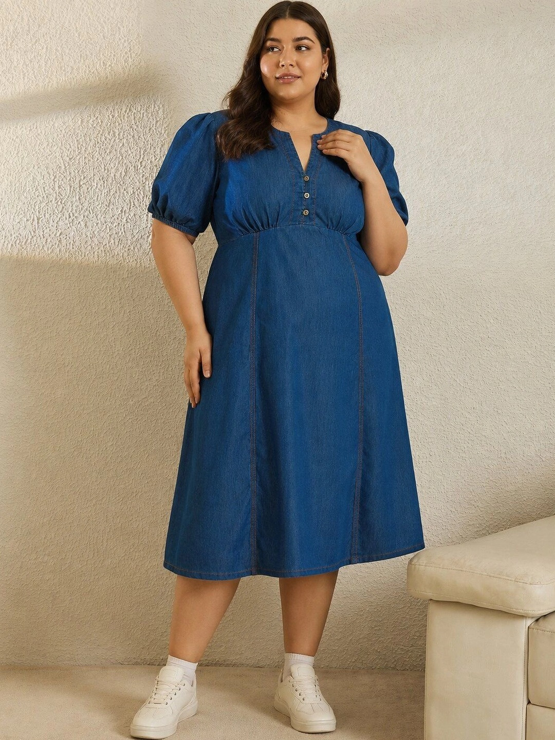 Sztori Puff Sleeve Denim A-Line Dress