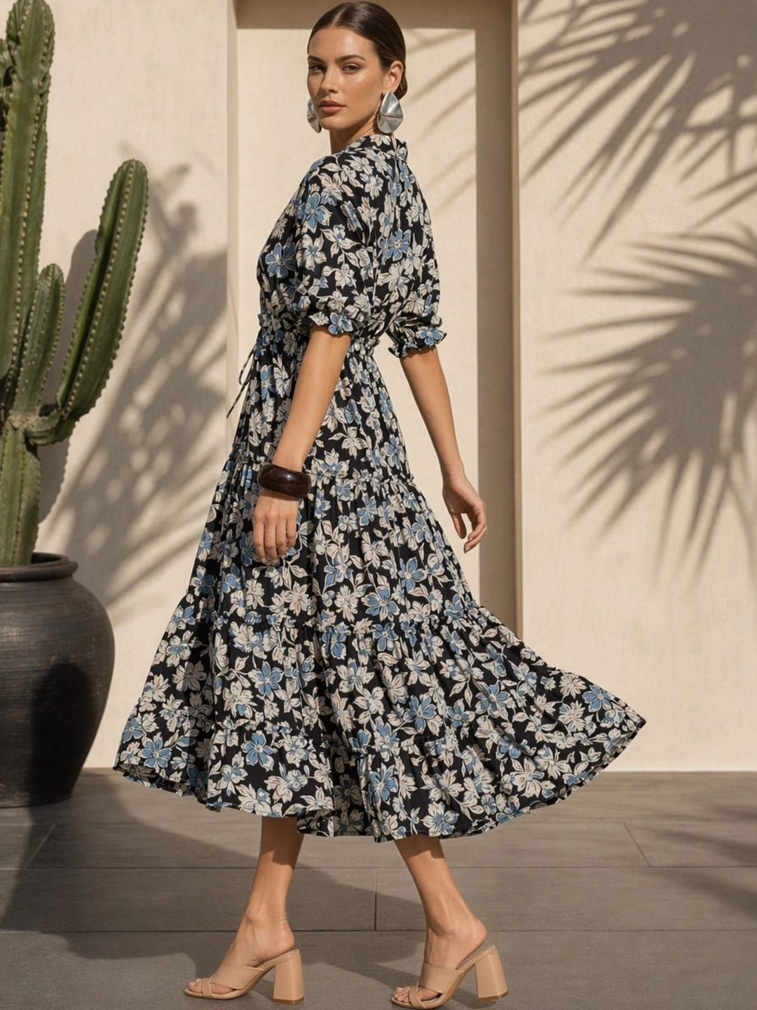 YUVITY Floral Print A-Line Midi Dress