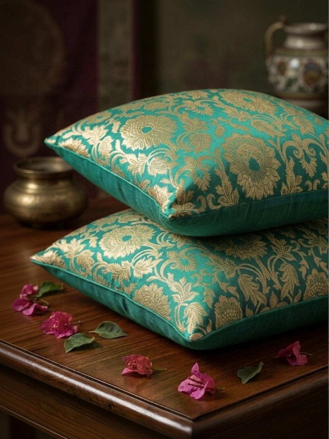 RoyalDeco Green 2 Pieces Ethnic Motifs Zari Brocade Silk Square Cushion Covers