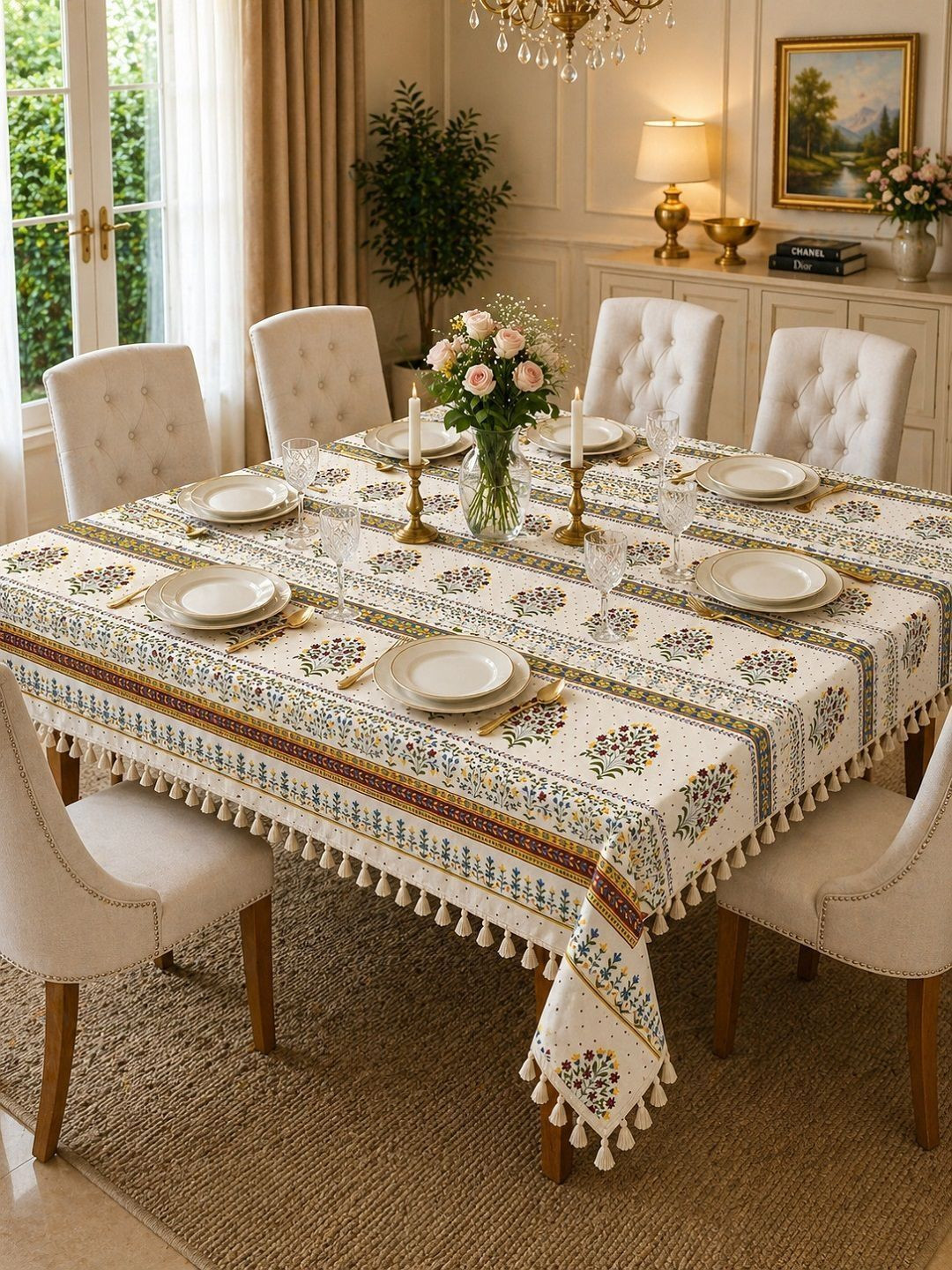 RRC Cream-Coloured Set of 6 Floral 6-Seater Table Cover