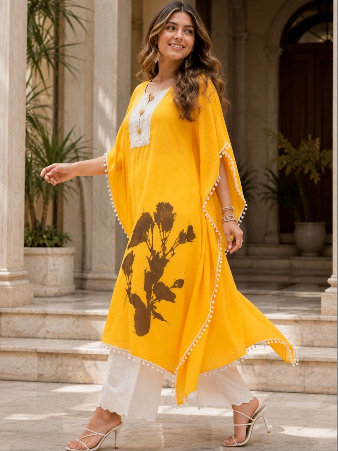 indo street Women Floral Printed Extended Sleeves Thread Work Kaftan Kurta