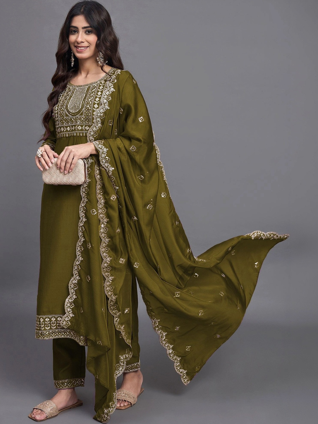 Fashionior Women Ethnic Motifs Embroidered Regular Sequinned Kurta with Trousers & With Dupatta