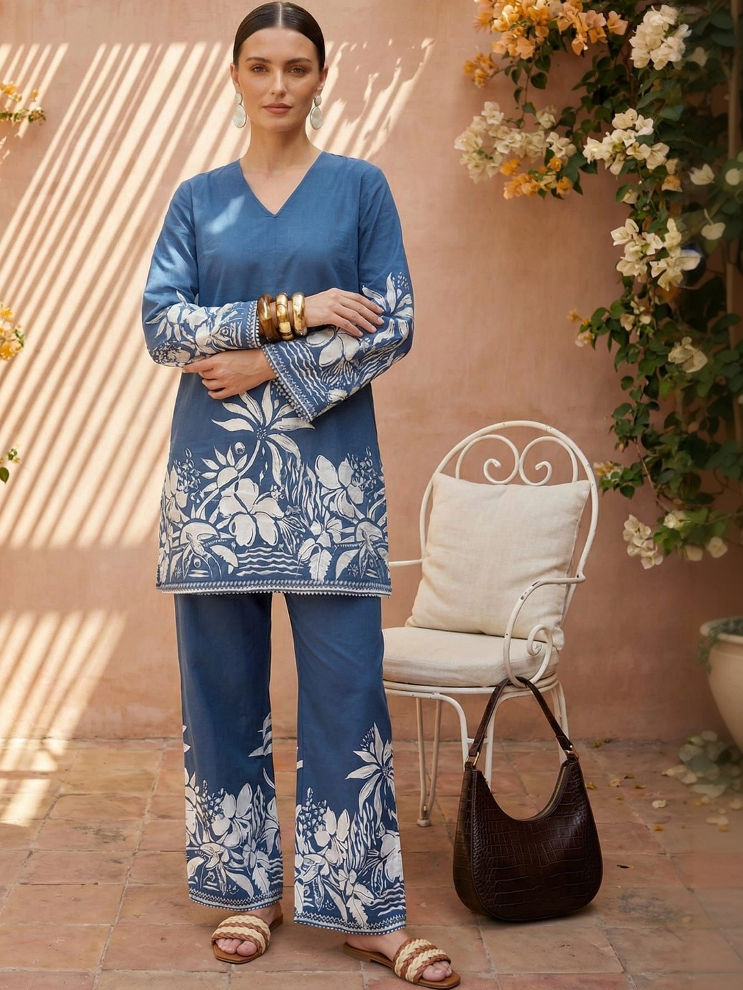 IMANA Romantic Florals Cotton Printed Top with Trousers