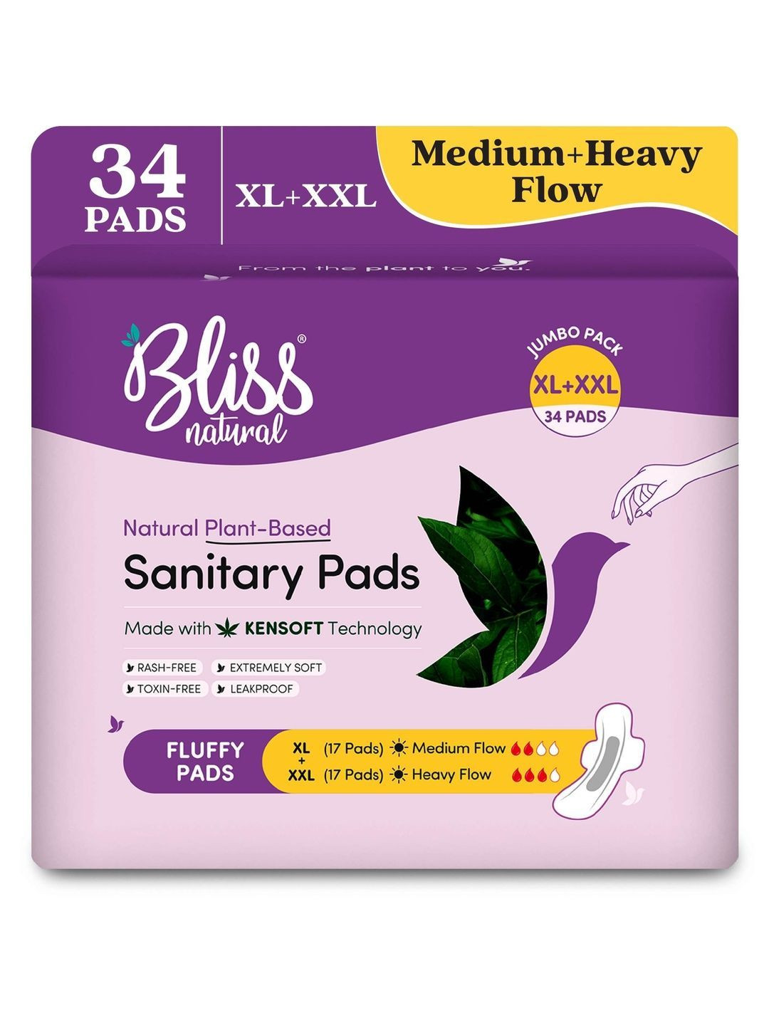 BLISSNATURAL Plant Based Sanitary Pads for Medium & Heavy Flow - 17 XL & 17 XXL Pads