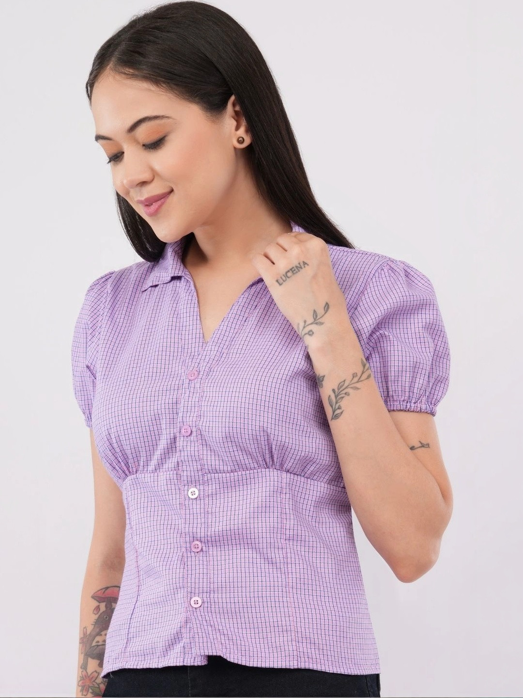 MINTBLU Checked Puff Sleeve Top