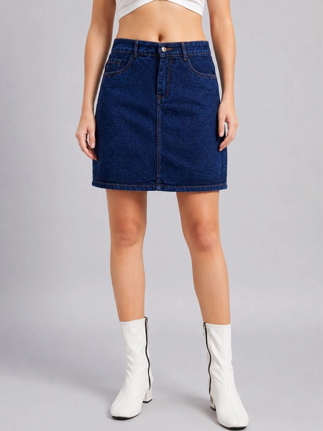 all about you Women Denim Washed Above Knee Straight Skirt