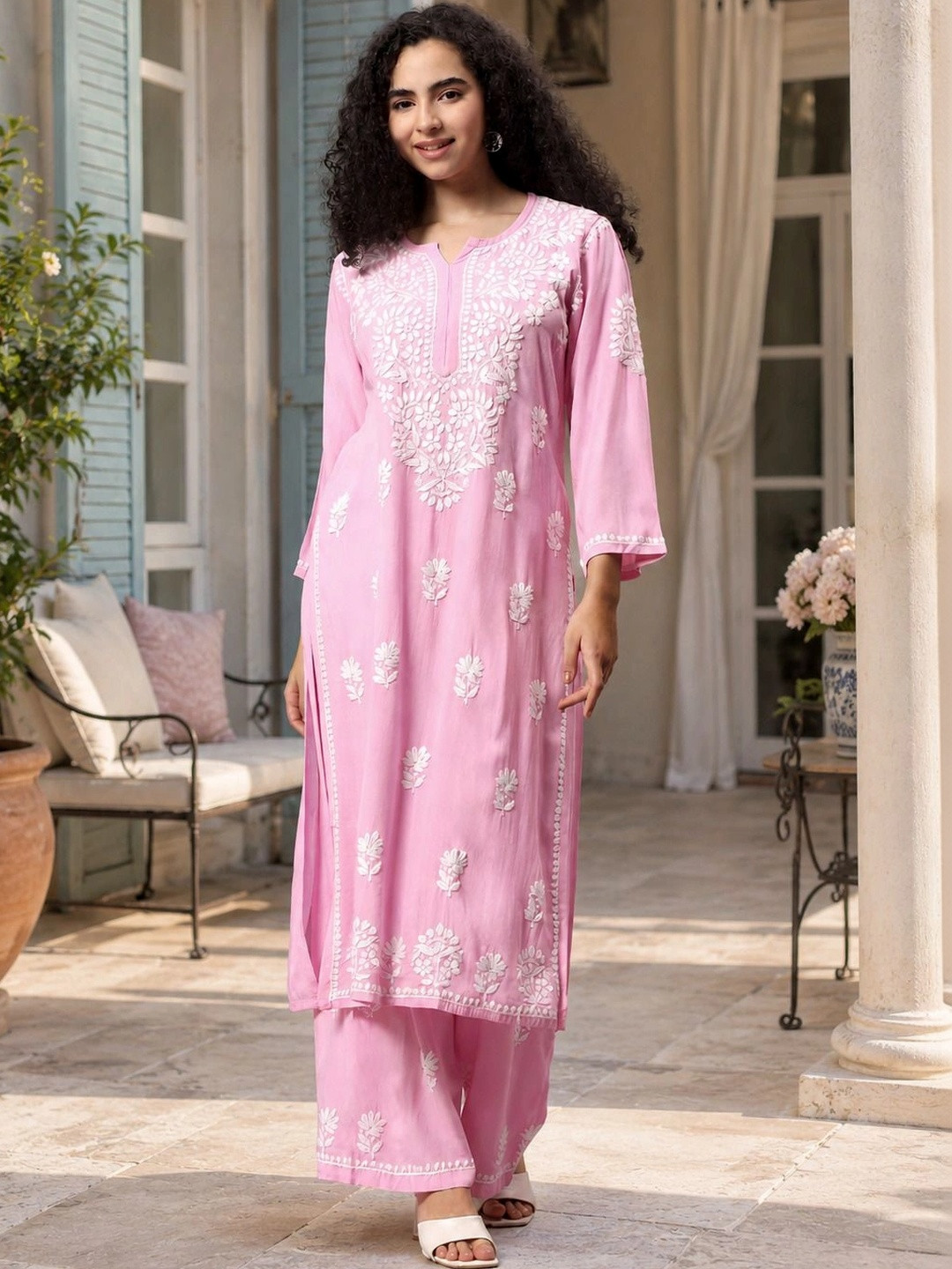 Seva Chikan Women Ethnic Motifs Embroidered Regular Chikankari Kurta with Palazzos