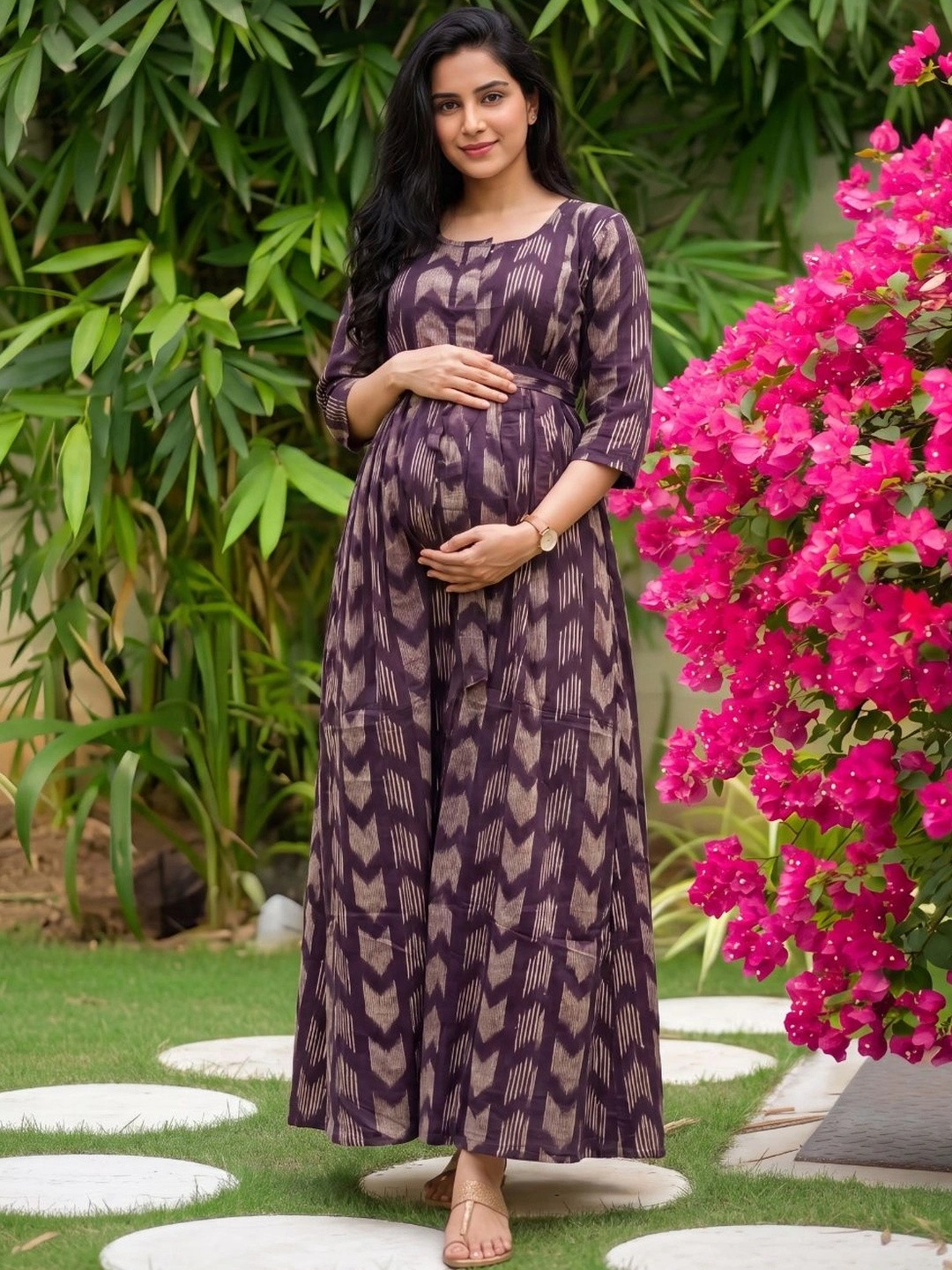 Asenne Floral Printed Soft Cotton Maternity A-Line Maxi Dress With Both Side Feeding Zip