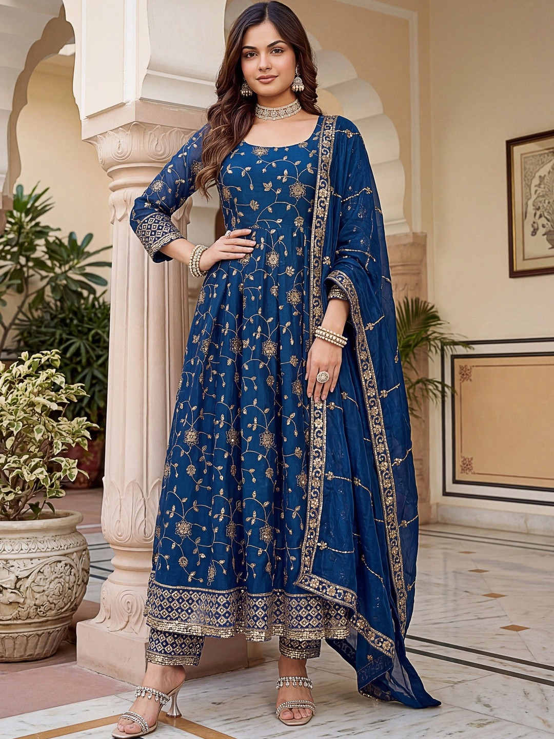 Sangria Women Ethnic Motifs Embroidered Regular Kurta with Trousers & With Dupatta