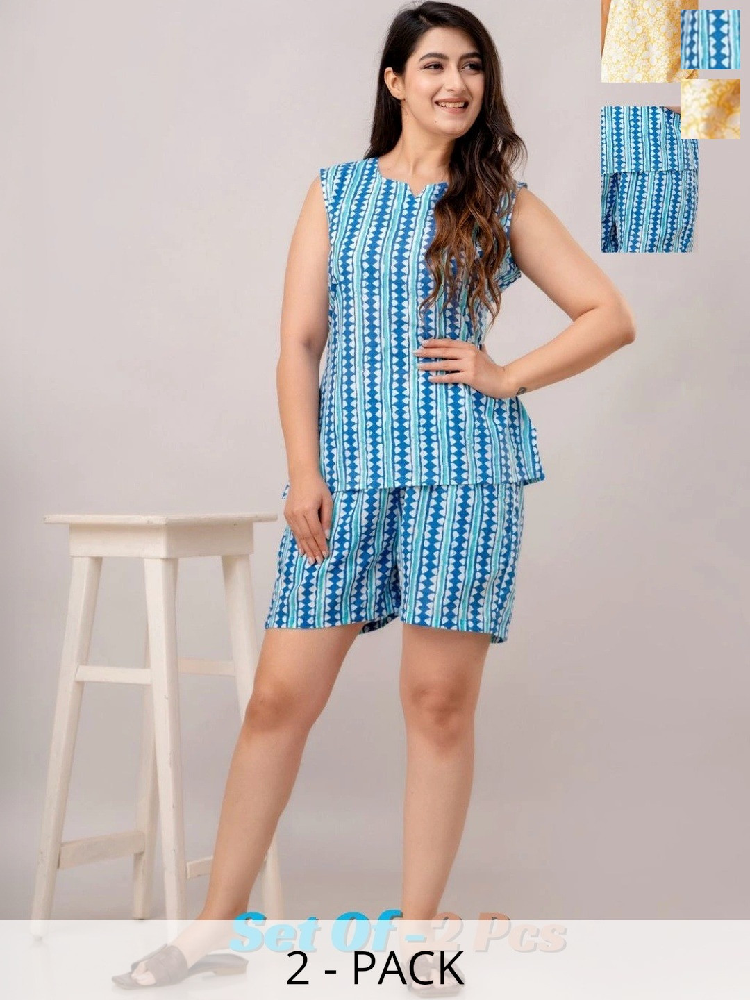 JANGID INDUSTRYS Women Set Of 2 Geometric Printed Pure Cotton Night suit