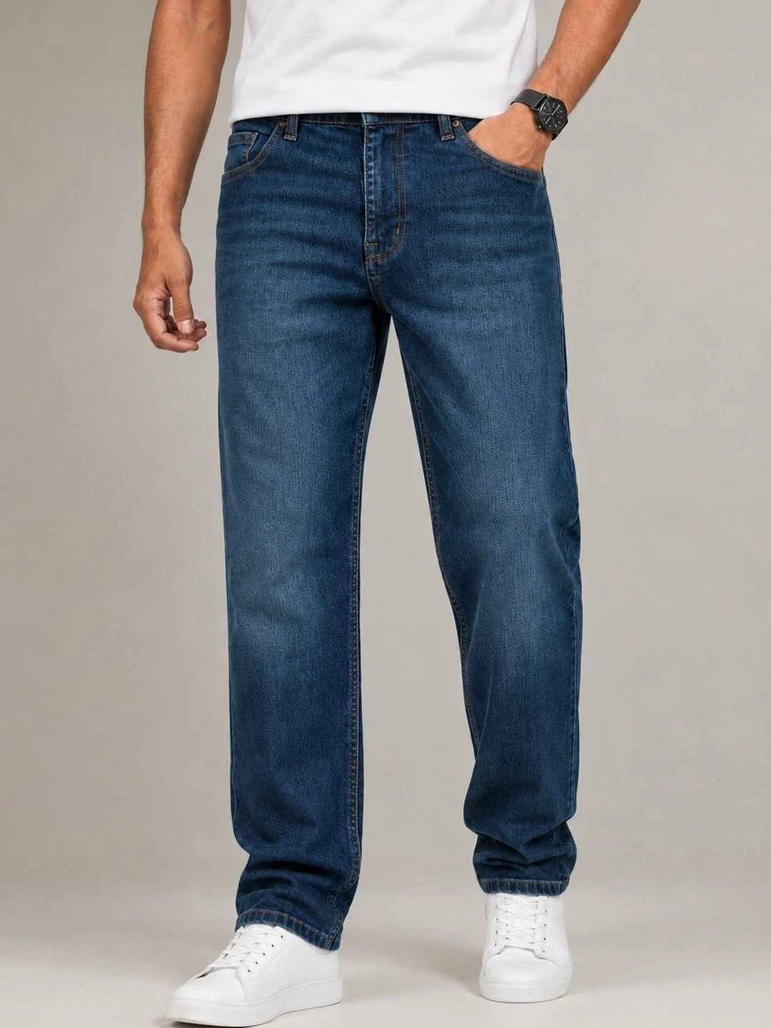 Denimora Men Straight Fit Mid-Rise Light Fade Stretchable Jeans