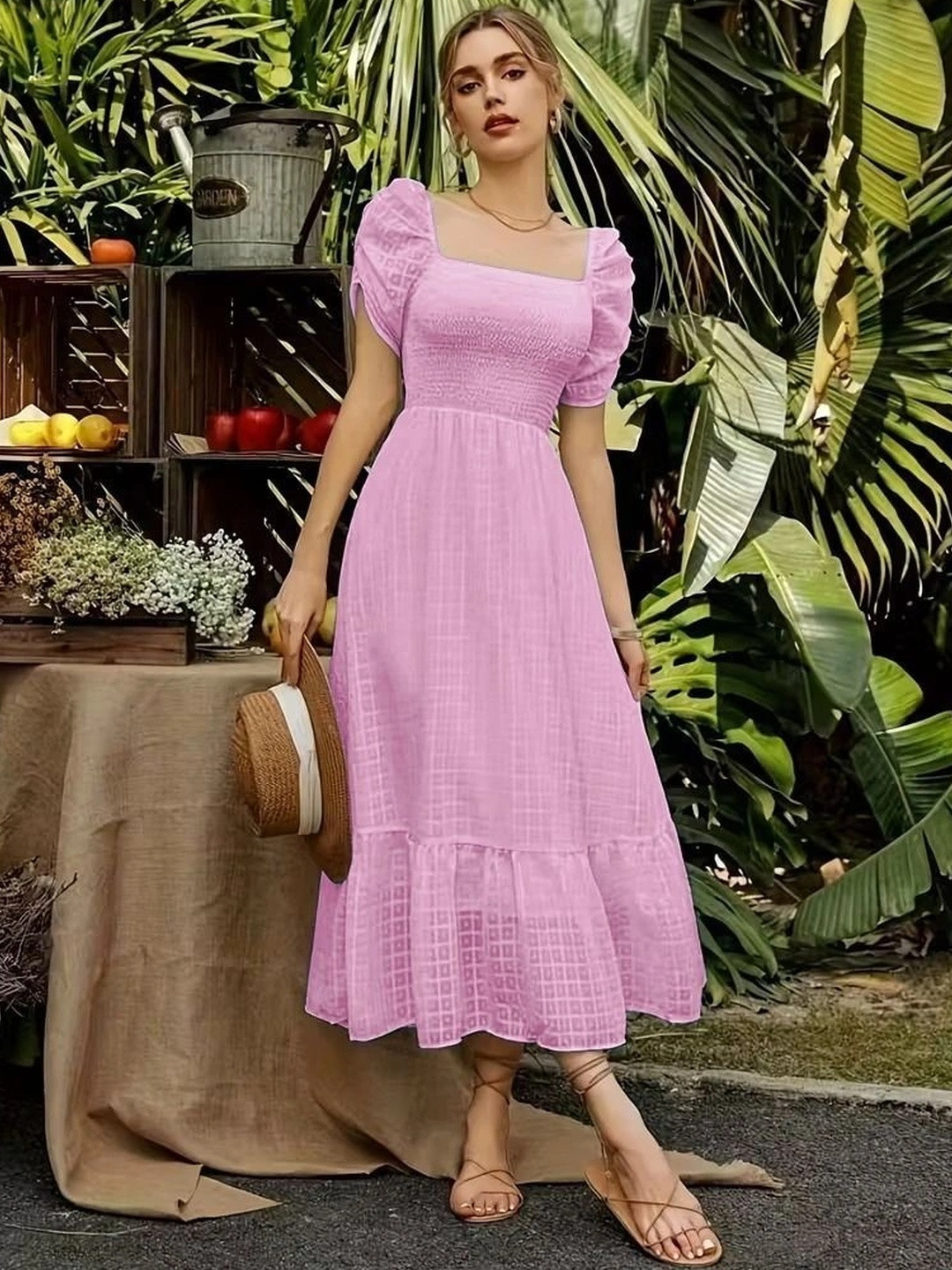 SHREYAM Puff Sleeve PU Coated A-Line Midi Dress