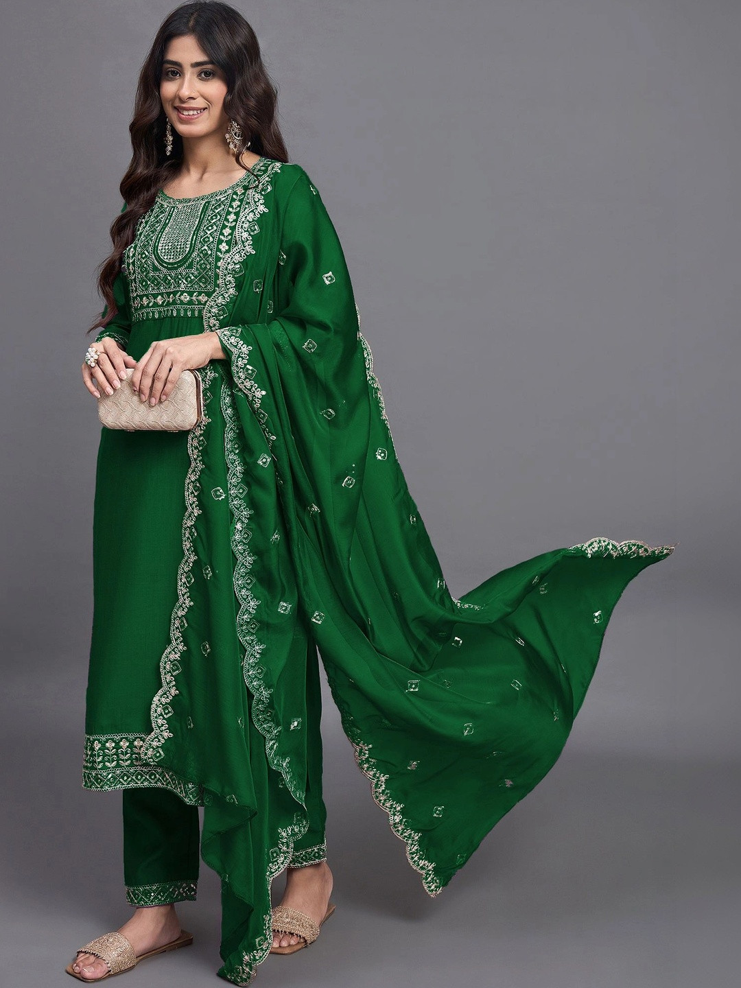 Fashionior Women Ethnic Motifs Embroidered Regular Sequinned Kurta with Trousers & With Dupatta