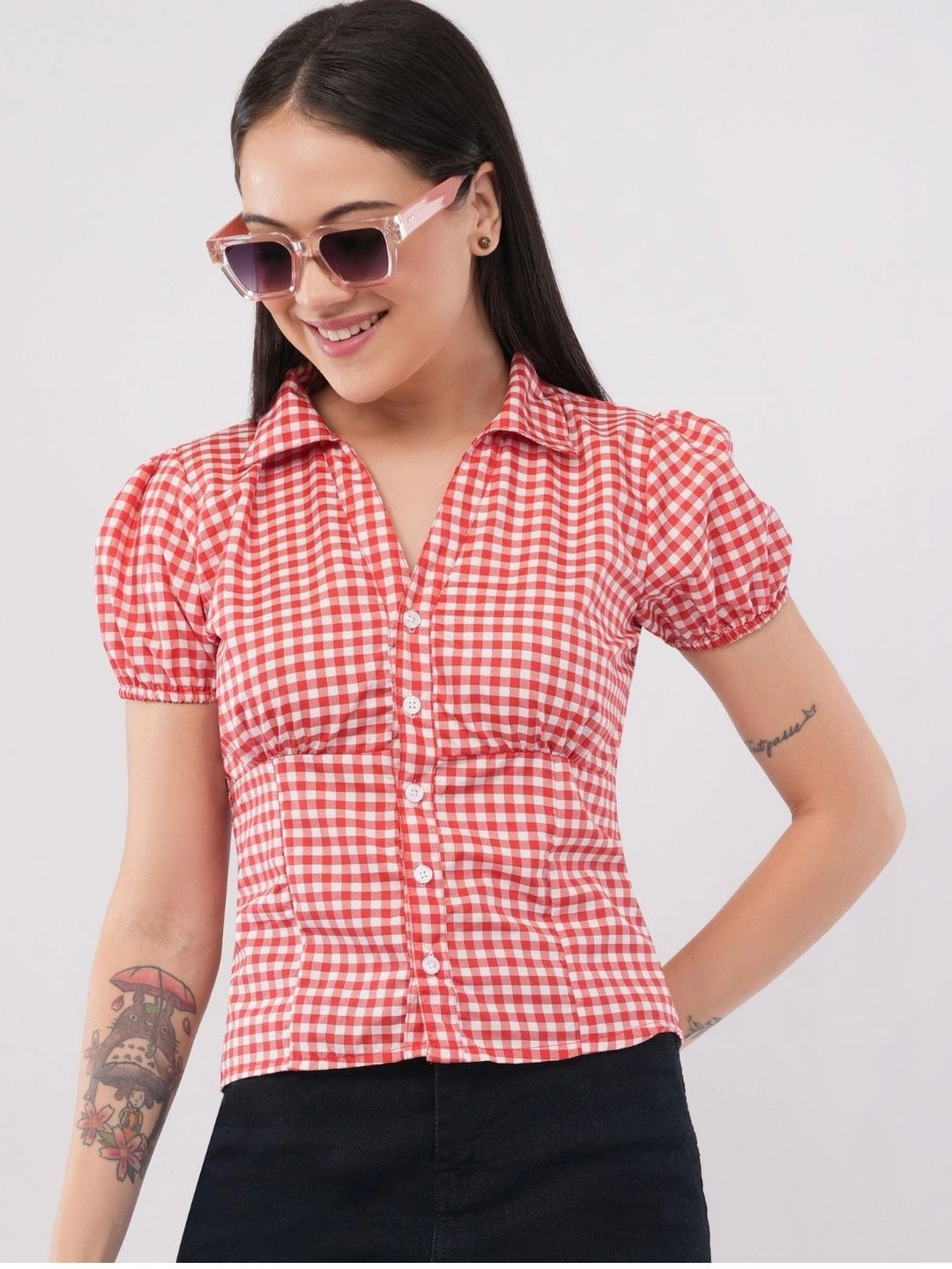 MINTBLU Checked Puff Sleeve Top
