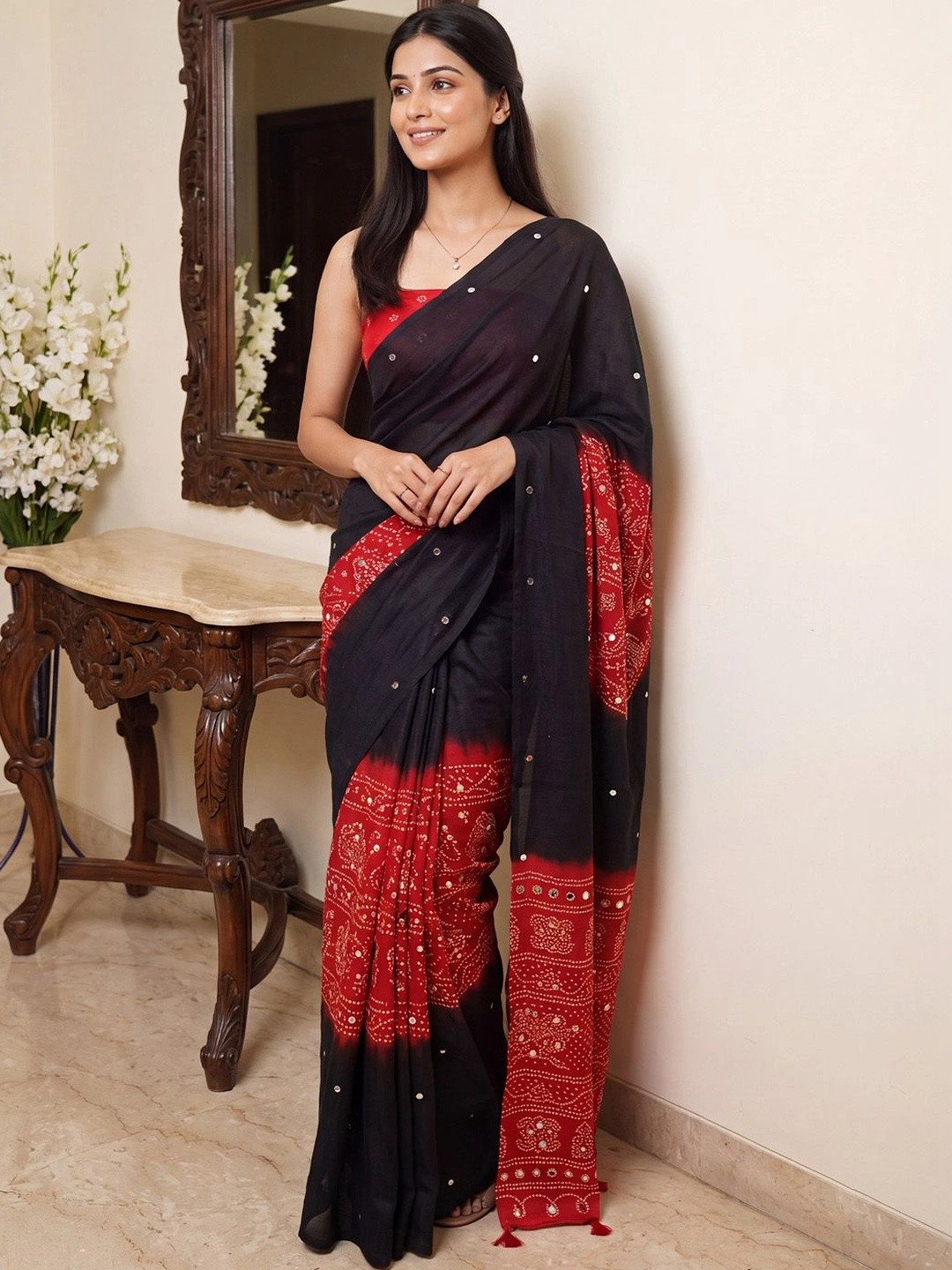 Saree mall Ajrak Block Print Mirror Work Silk Blend Bandhani Saree
