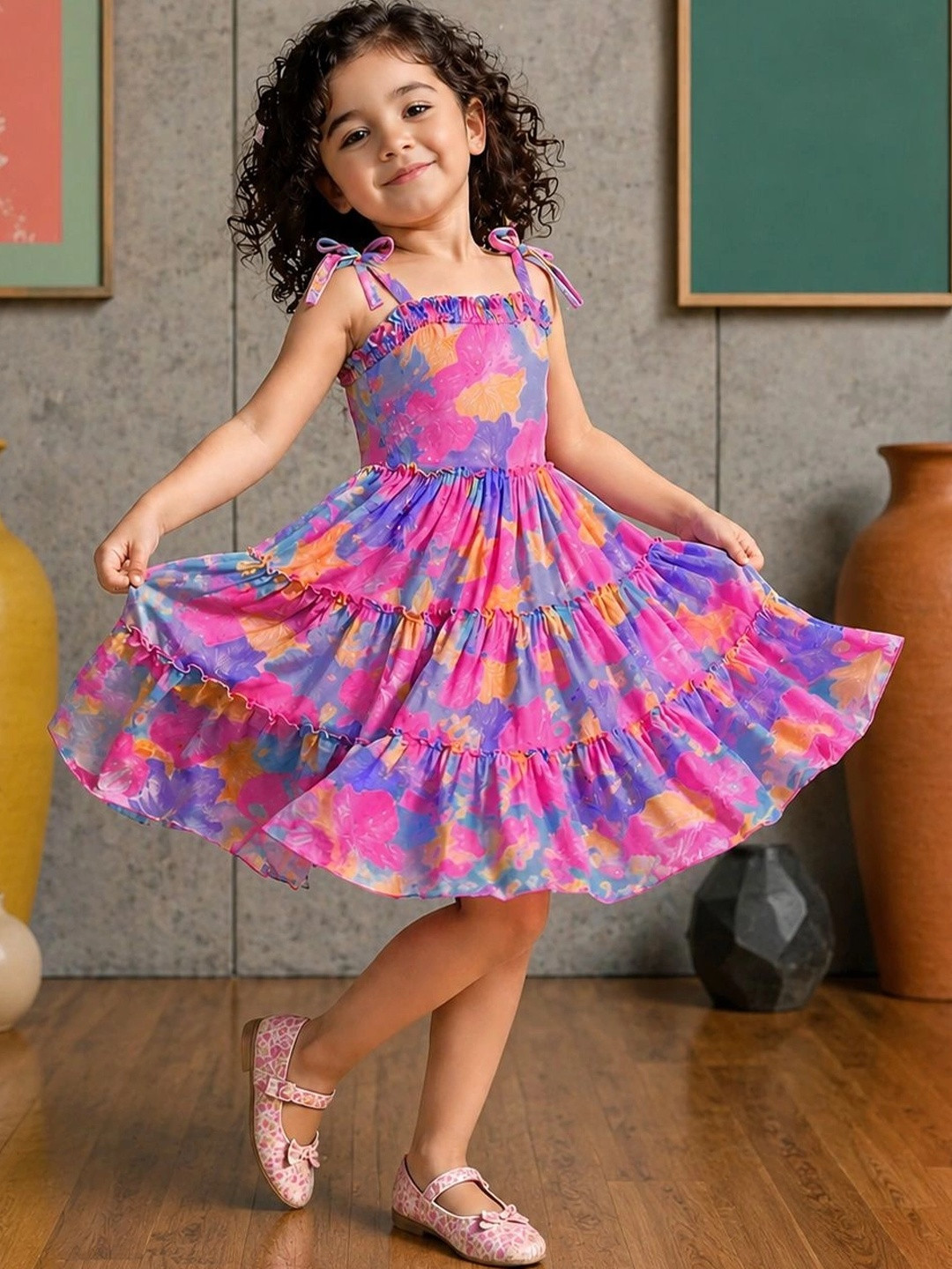 KRISHTINA Floral Print Ruffled Georgette A-Line Dress