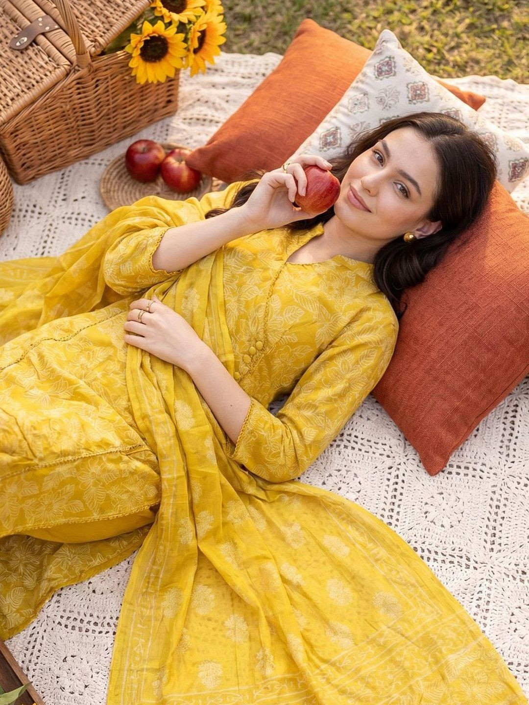 Indo Era Women Floral Printed Angrakha Pure Cotton Kurta with Trousers & With Dupatta