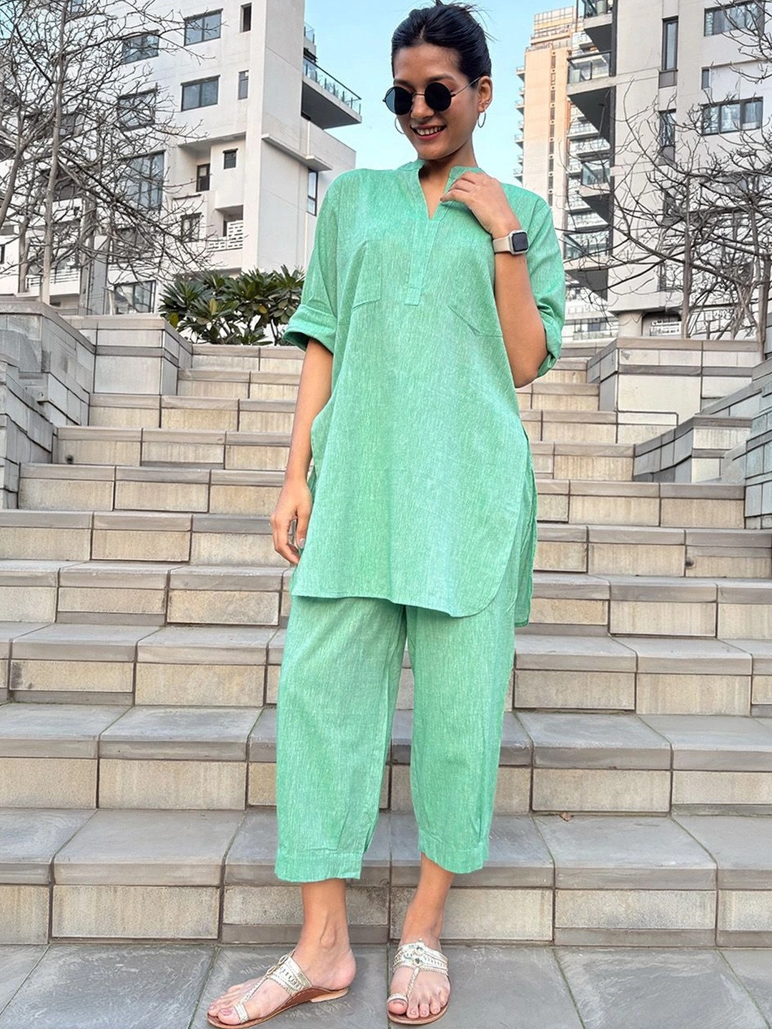 Surma Silver Hoops Green Kurta Co-ord Set