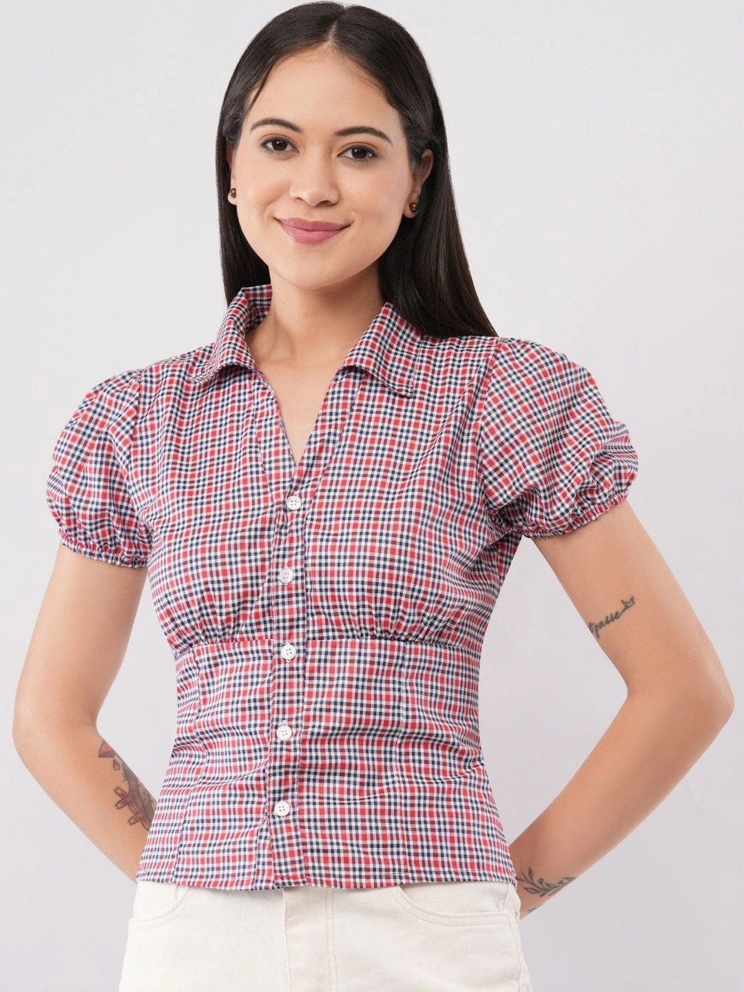 MINTBLU Checked Puff Sleeve Top