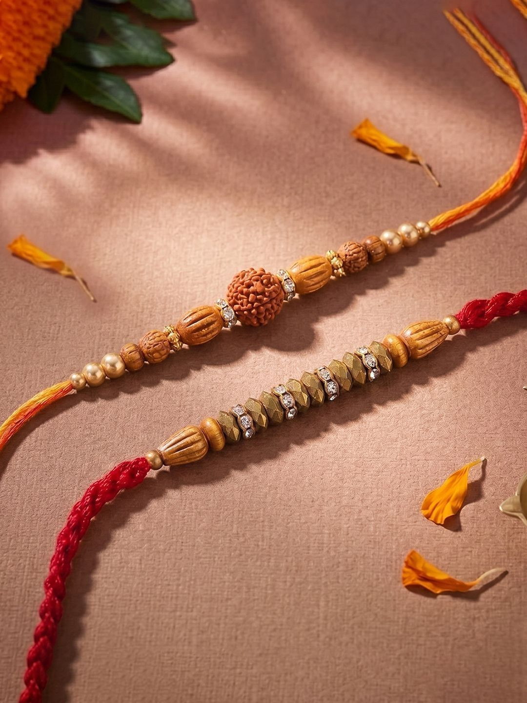 Peora Set Of 2 Rudraksha Wooden Beaded Stone-Studded Rakhi