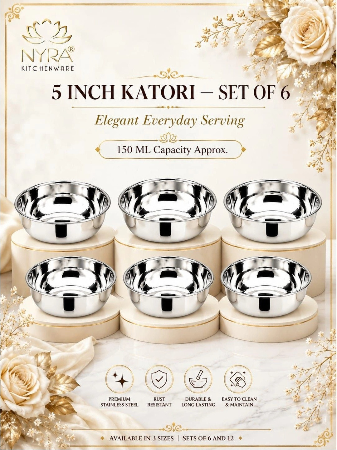 Nyra Kitchenware Silver-Toned 6 Pieces Stainless Steel Dishwasher Safe Serving Bowls 250ml