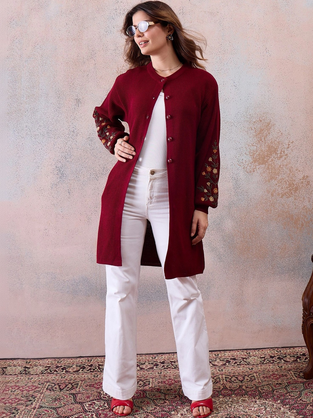 CLAPTON Women Embroidered Ribbed Woollen Longline Cardigan with Embroidered Detail