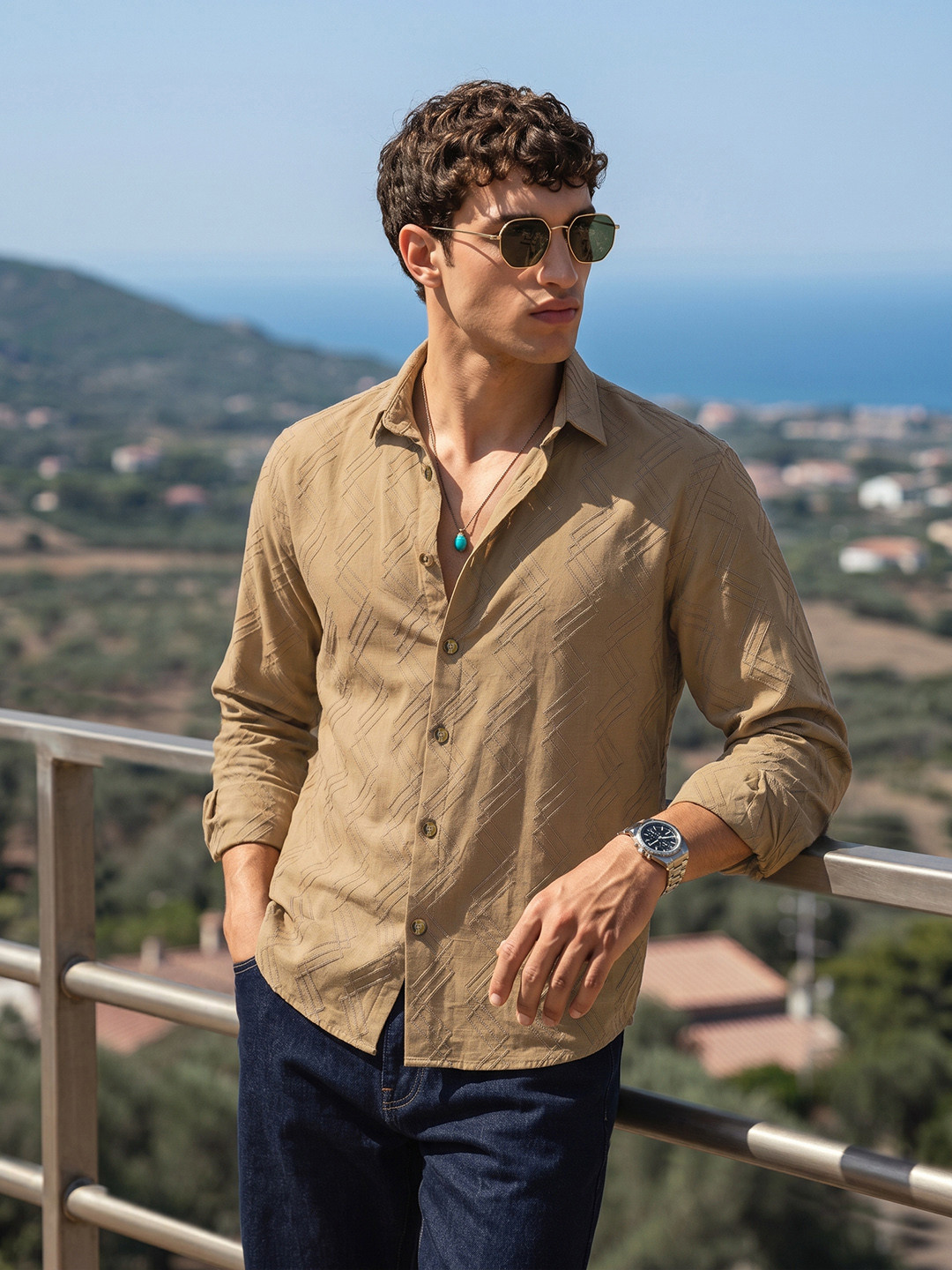 The Indian Garage Co Men Relaxed Fit Dobby Textured Resortwear Shirt