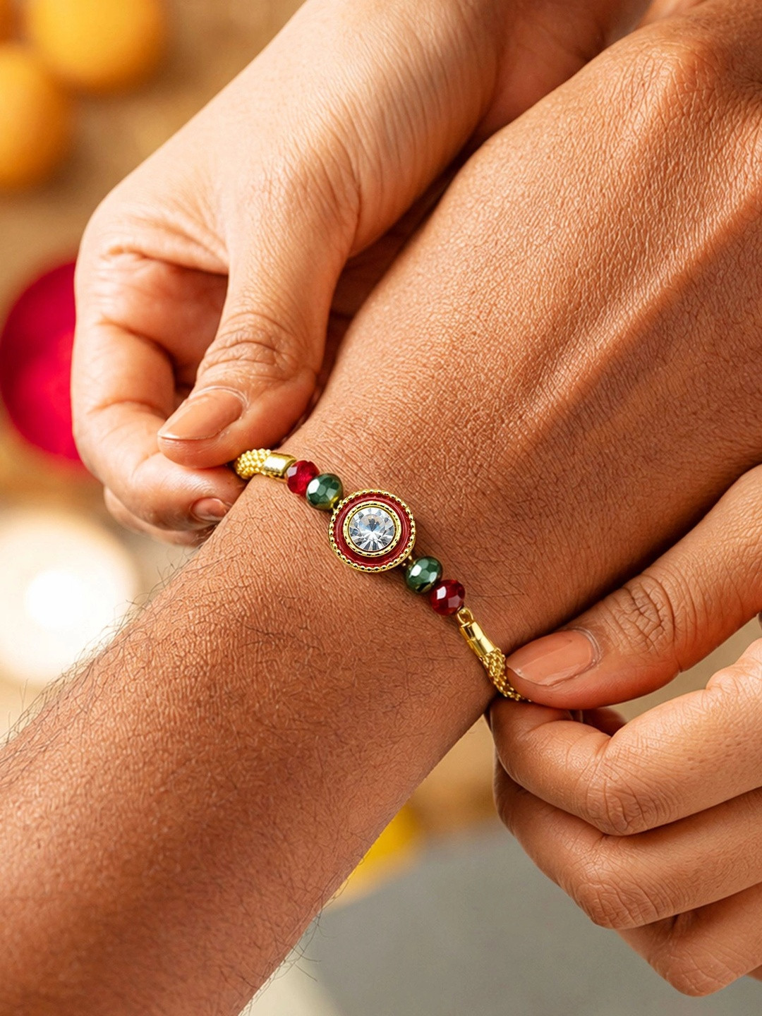 ARTKLIM Anti tarnish Kundan Rakhi Bracelet for Brother with Roli Chawal and Gift Card
