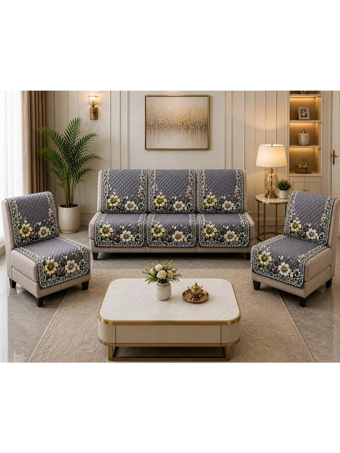 GOVINDIKA Grey Printed Cotton Blend Sofa Cover Without Arms