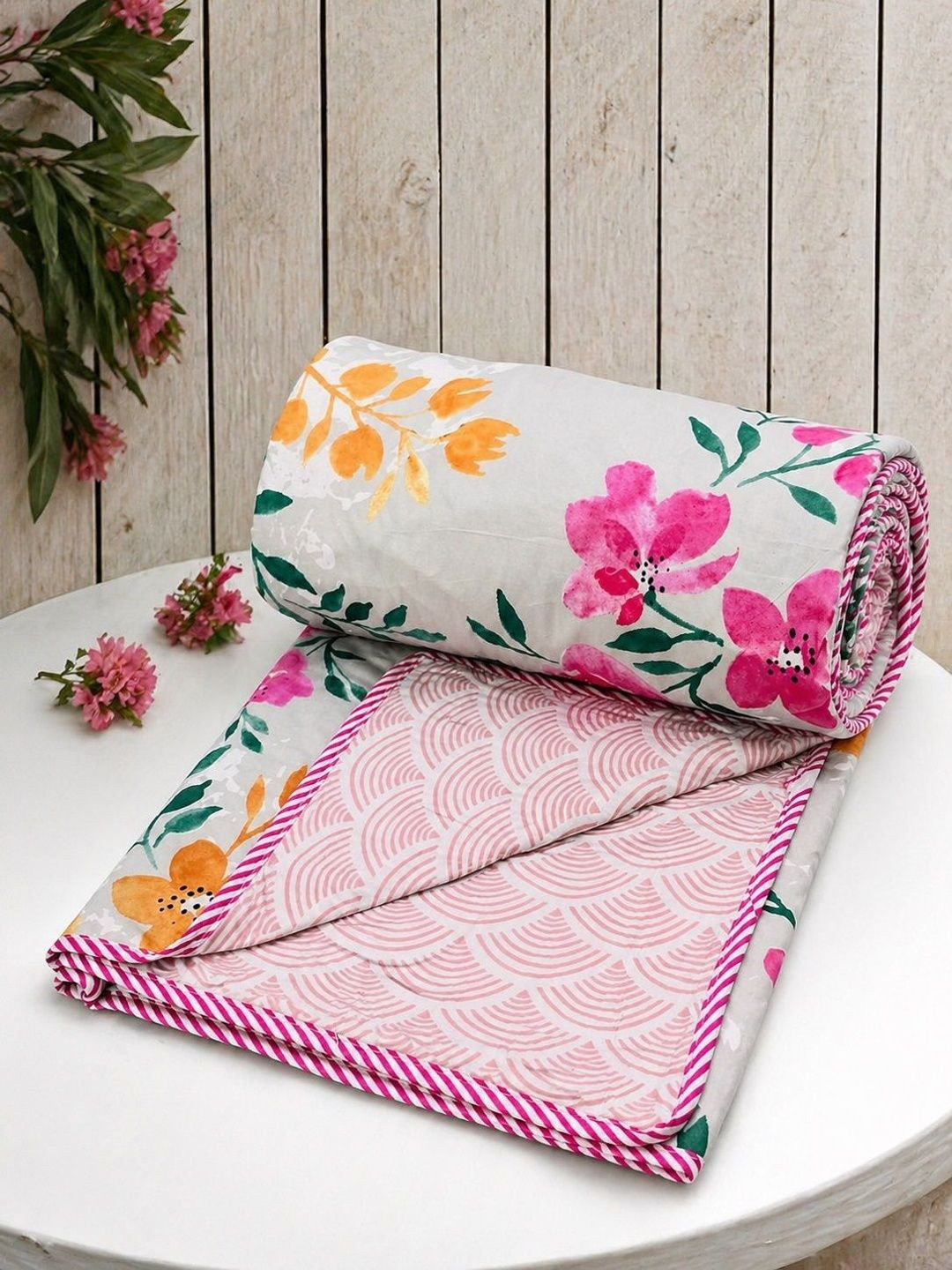 RRC Green & White Floral Pure Cotton Reversible AC Room 120 GSM Double Bed Dohar