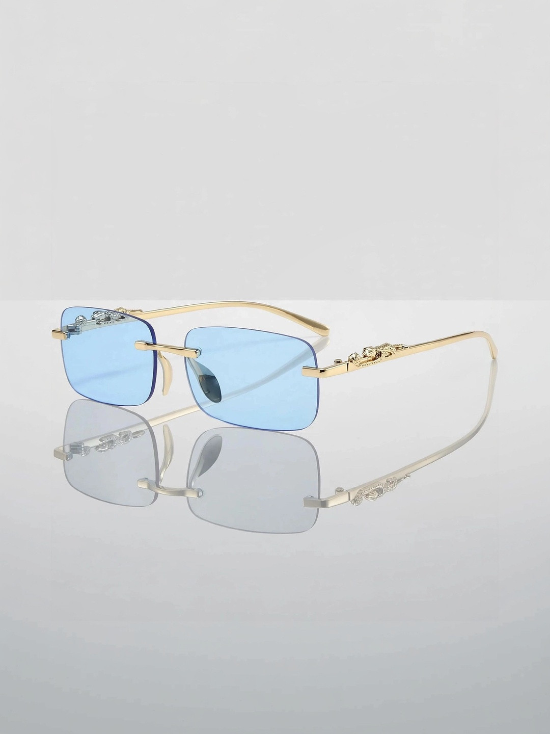 FUNGLASSES Unisex Blue Lens & Gold-Toned Rectangle Sunglasses with