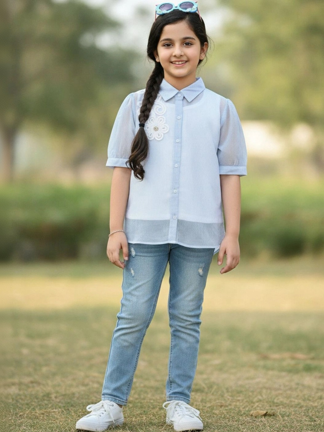 V-Mart Striped Puff Sleeve Cotton Shirt Style Top