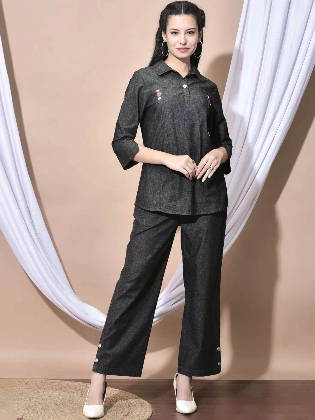 FUTURO Embroidered Pure Cotton Top With Trousers Co-Ords