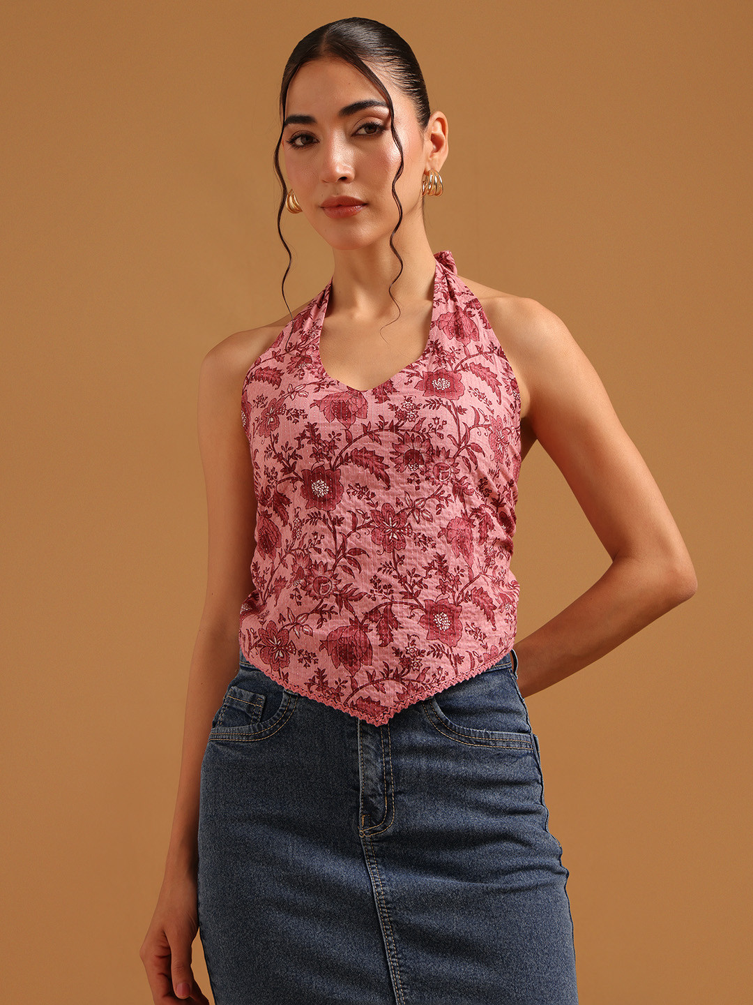 Soch Floral Print Halter Neck Cotton Crop Top