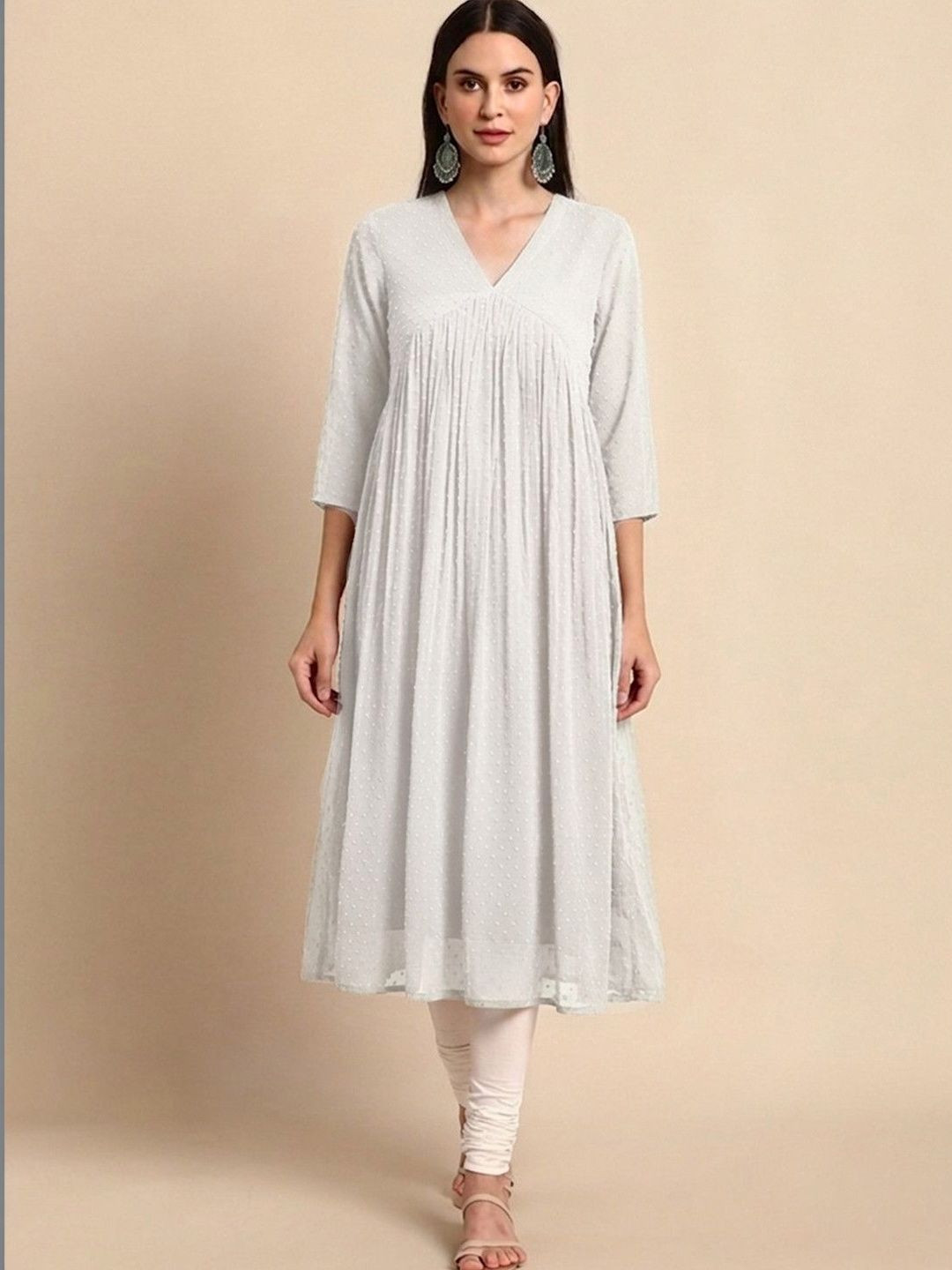 Janasya Women Off White Dobby Chiffon Self Design Flared Kurta