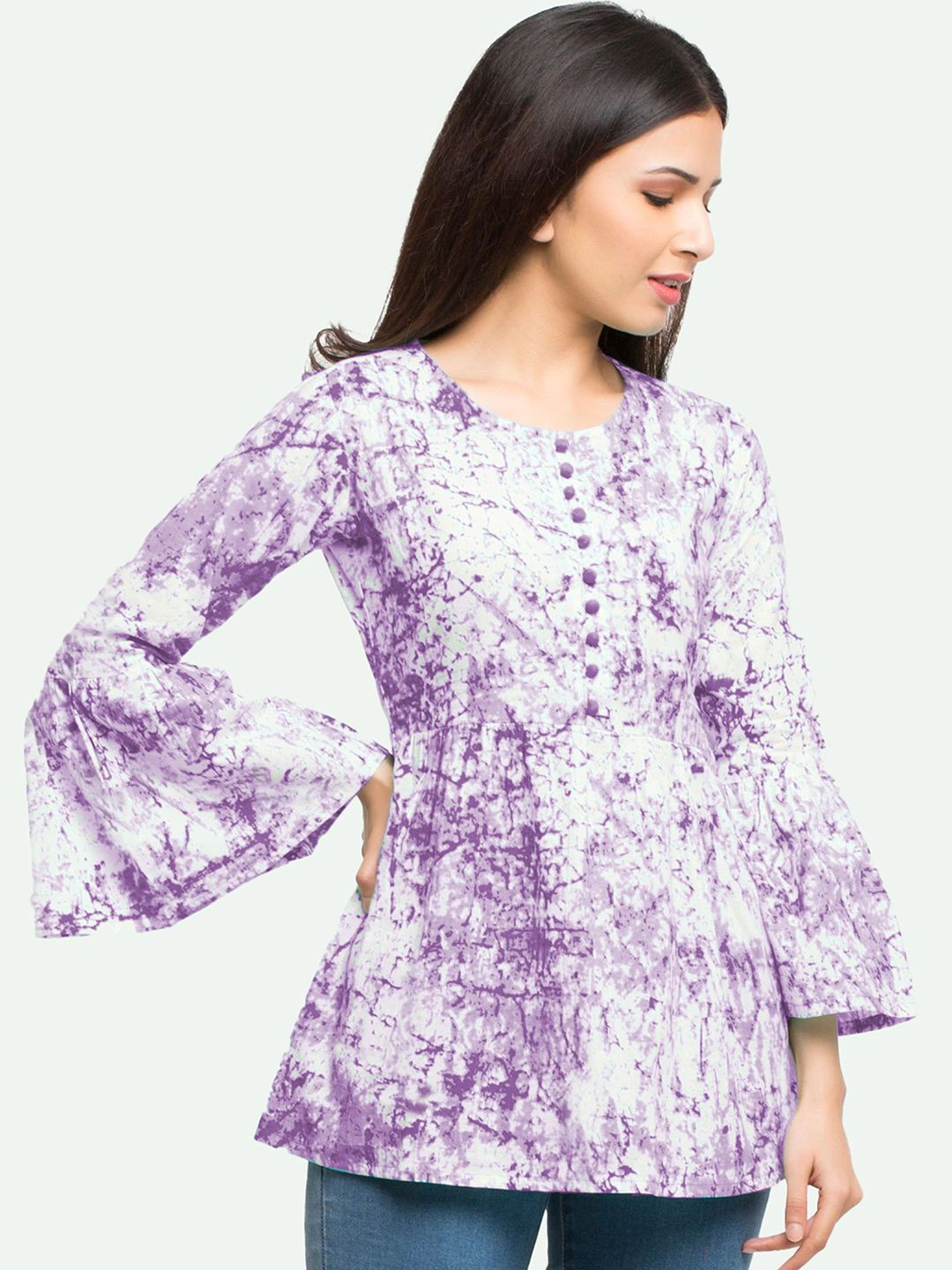 IKRASS Women Tie and Dye Round Neck Bell Sleeve Peplum Cotton Top