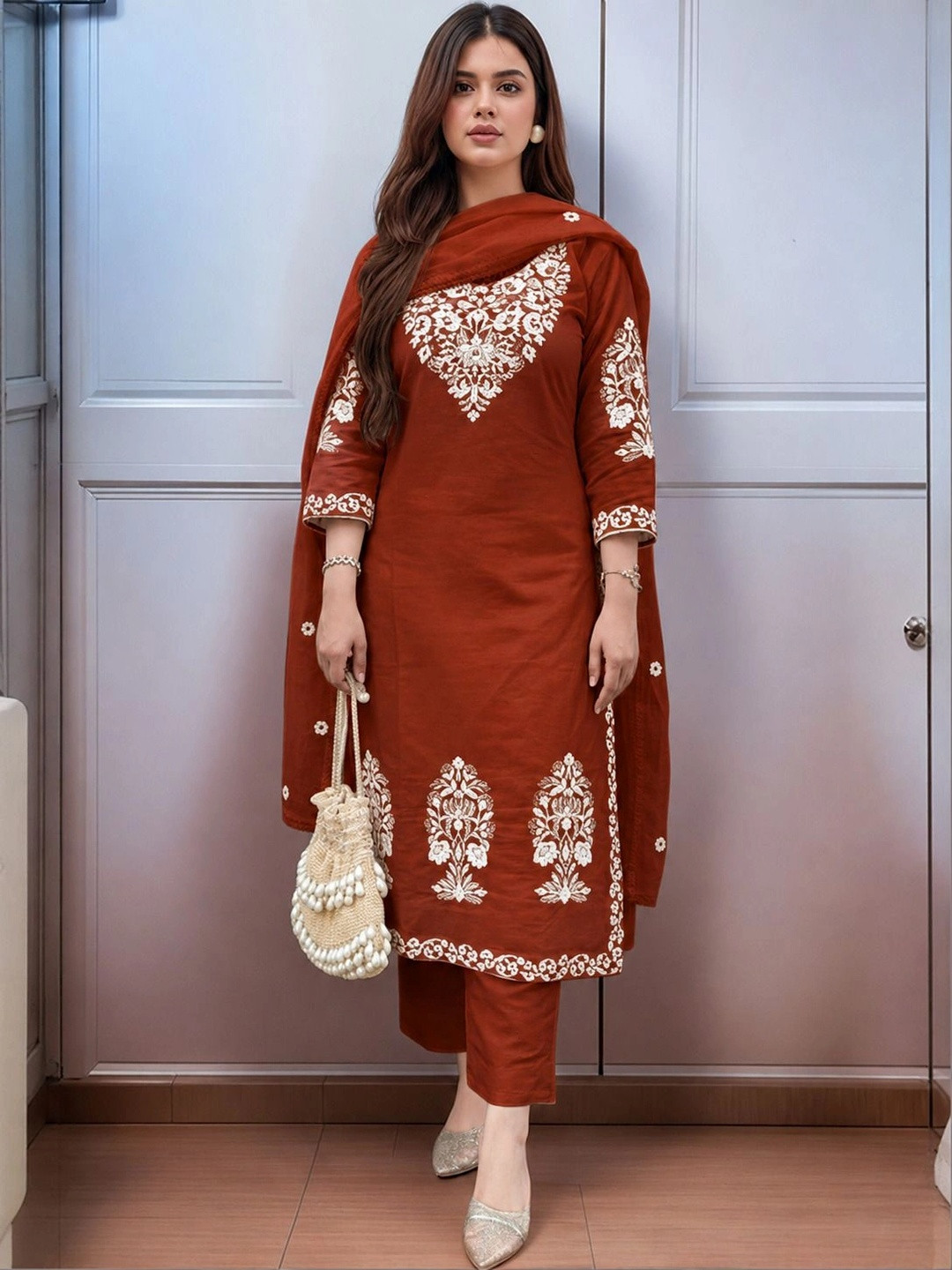 KRYSAL Women Ethnic Motifs Embroidered Regular Thread Work Kurta with Trousers & With Dupatta