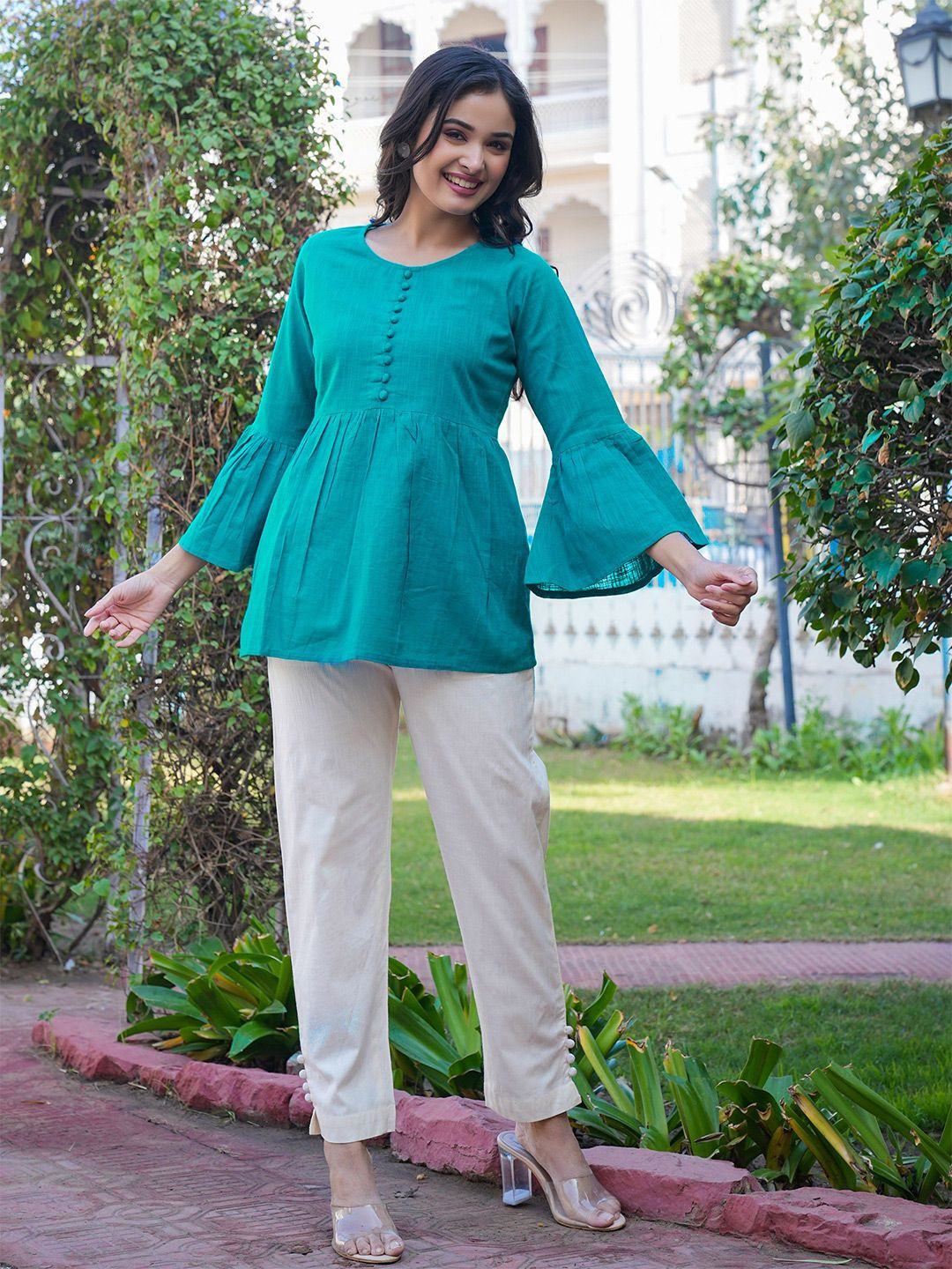 IKRASS Solid Bell Sleeve Regular Peplum Top