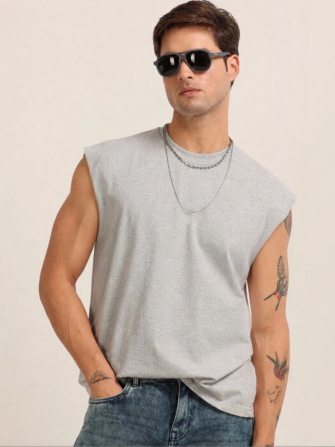 MOHICANS Grey Color Capsleeves Oversized fit Gym Tank T-Shirt