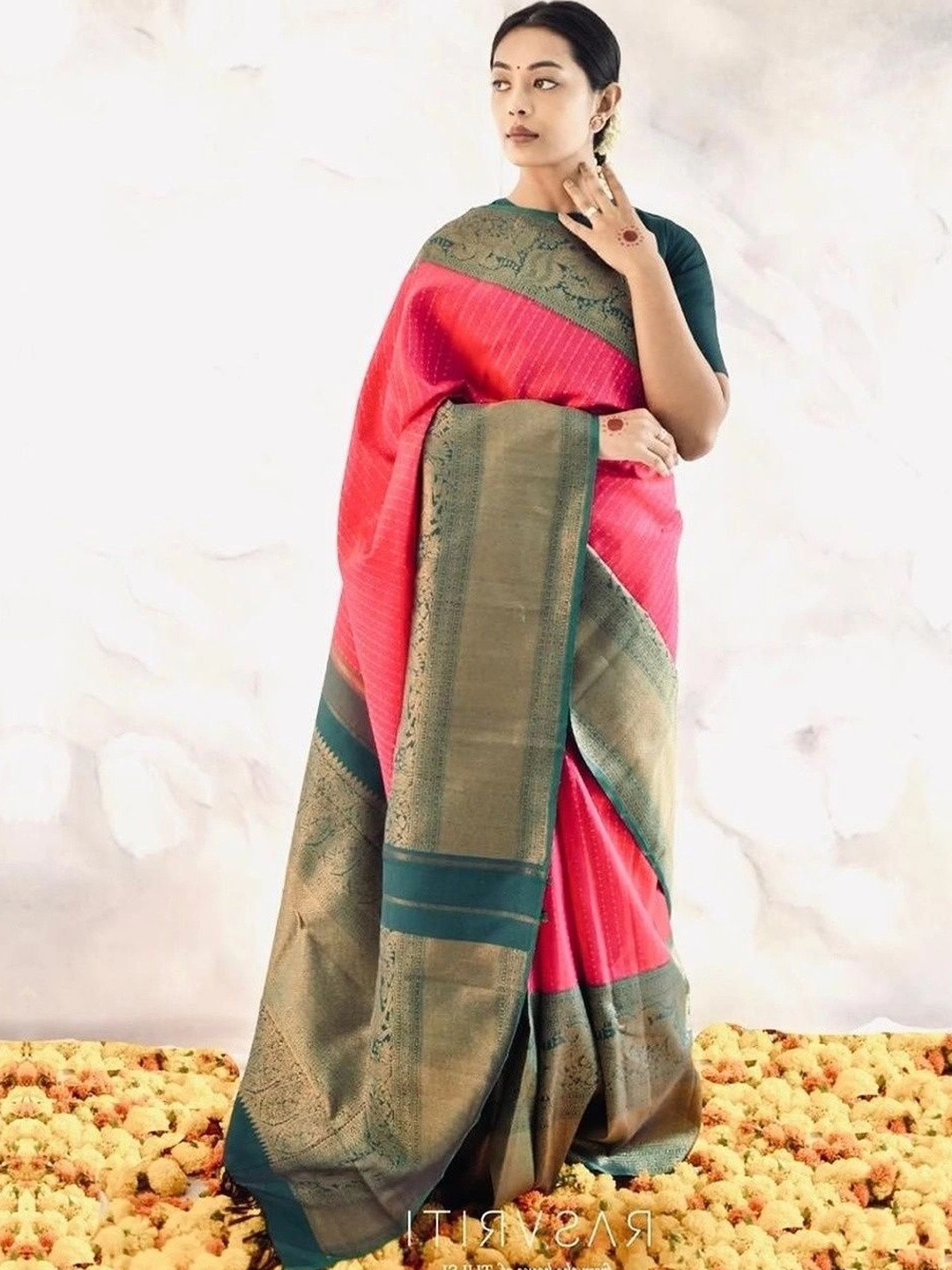 Glorisa Striped Zari Silk Blend Designer Dharmavaram Saree