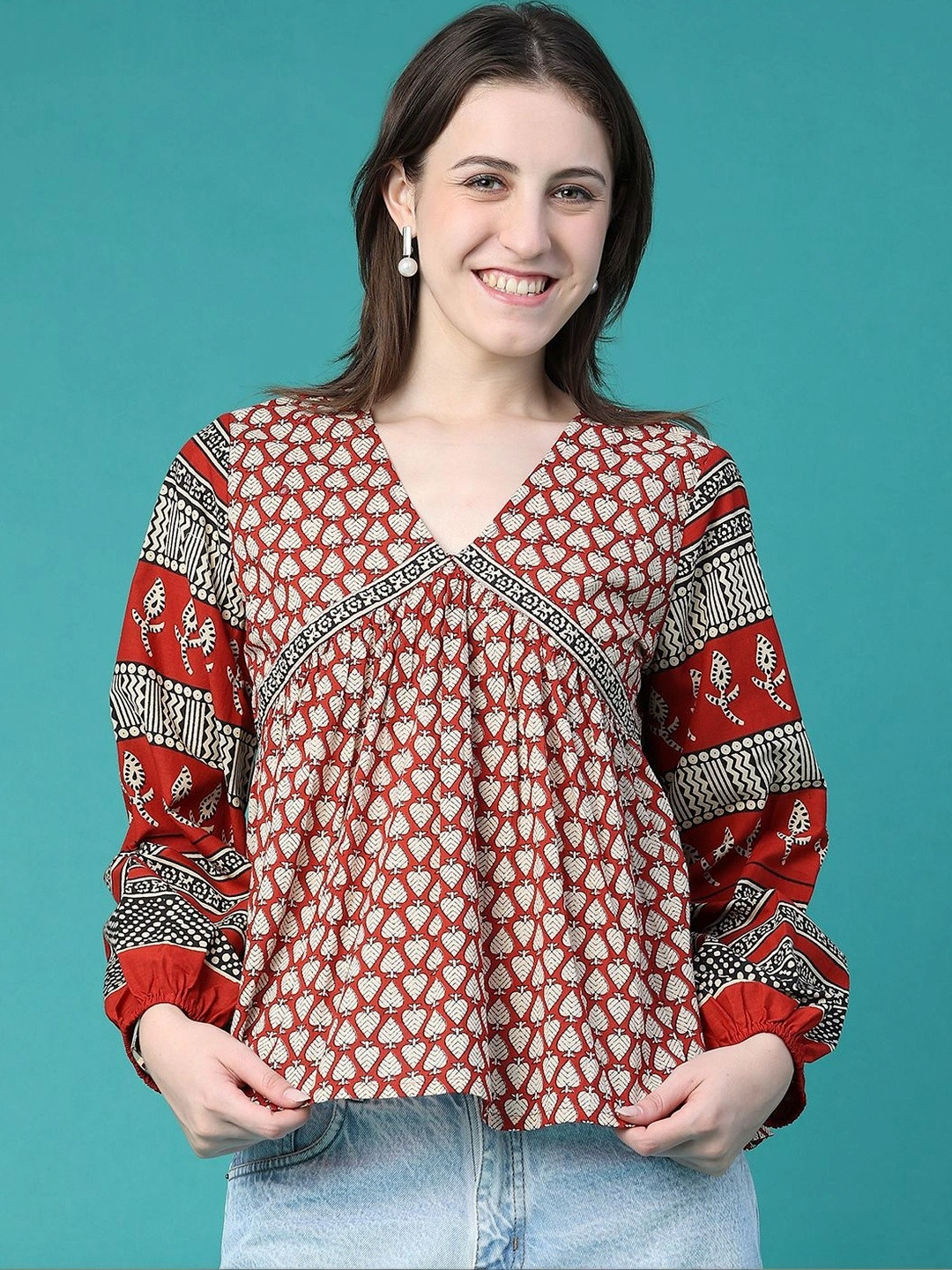 Rust Ethnic Motifs V-neck Top