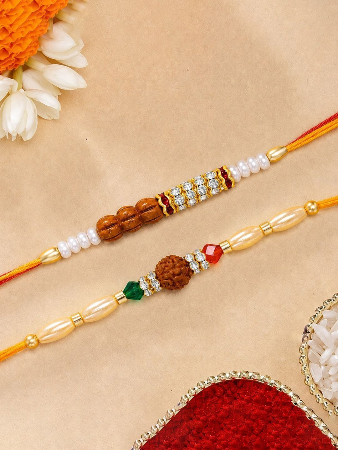 Peora Set Of 2 Gold-Toned Pearl Beaded Rudraksha Stone-Studded Rakhi